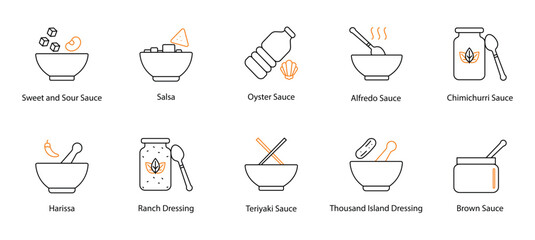 Sauce Vector Icon Set: Sweet and Sour, Salsa, Oyster, Alfredo, Chimichurri, Harissa, Ranch Dressing, Teriyaki, Thousand Island, and Brown