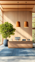 Modern office reception desk, sunlight, plant, wooden walls, serene atmosphere, ideal for corporate website
