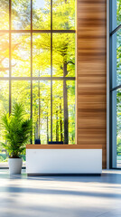 Modern office reception desk with forest view, sunlight streaming through large windows. Ideal for business, architecture, and interior design websites