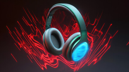 Futuristic headphones emitting glowing waves neutralizing noise, symbolizing advanced noise reduction technology.