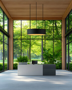 Modern office reception; green park view; sunlight; plants; sustainable design; for corporate brochures