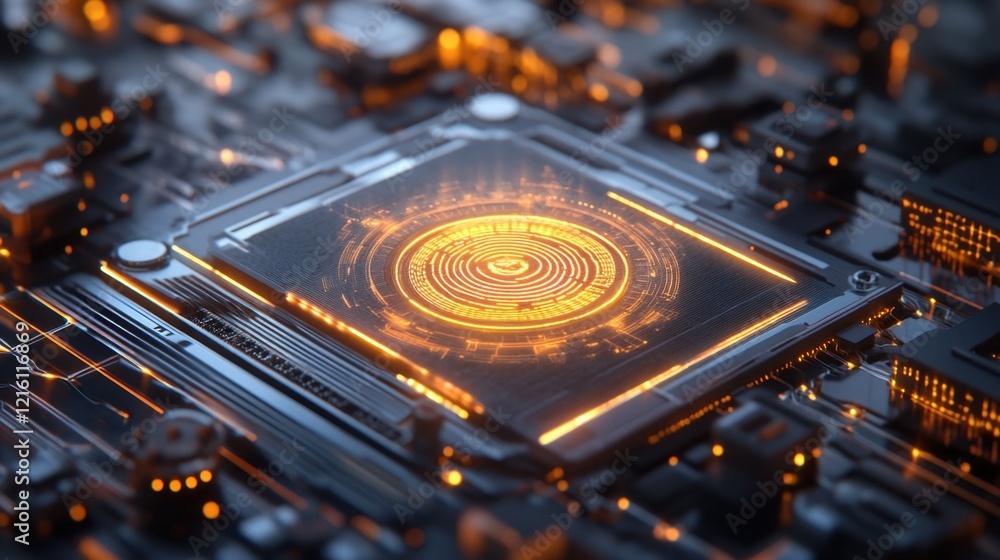 Aufkleber biometric security system with glowing digital fingerprint and holographic data grids.