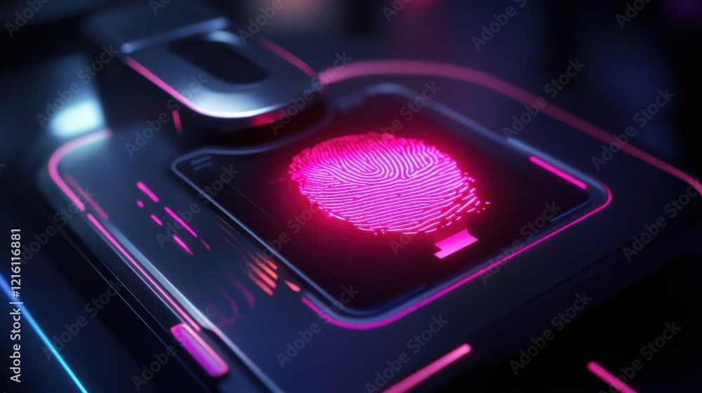 Poster biometric security system with glowing fingerprint and holographic access authorization.