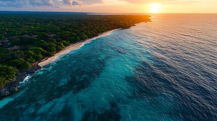 Naklejka premium Tropical sunset beach aerial view, ocean, coastline, lush forest