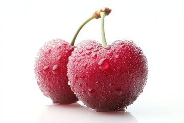 Two dew-covered cherries, studio shot, white background, food photography