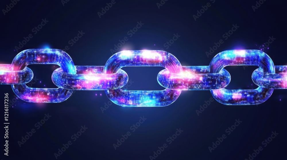 Poster blockchain chain glowing in a dark digital space with dynamic light beams and futuristic visuals.