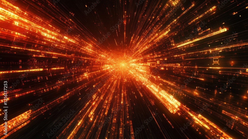 Aufkleber blockchain chain glowing in a dark digital space with dynamic light beams and futuristic visuals.