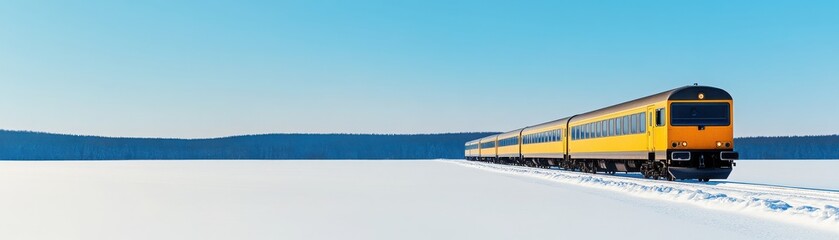 Obraz premium A vibrant yellow train travels through a snowy landscape under a clear blue sky, capturing the essence of winter travel.