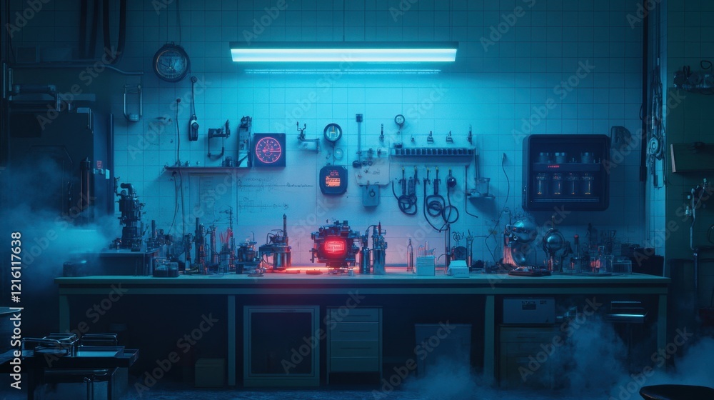Poster brightly lit engine test bench with machinery and gauges in a lab setting.