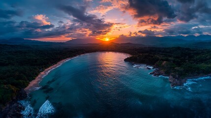 Fototapeta premium Tropical sunset beach aerial view, ocean waves, mountains