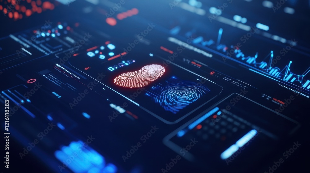 Poster close-up of a glowing digital fingerprint scanner interface on a dark background.