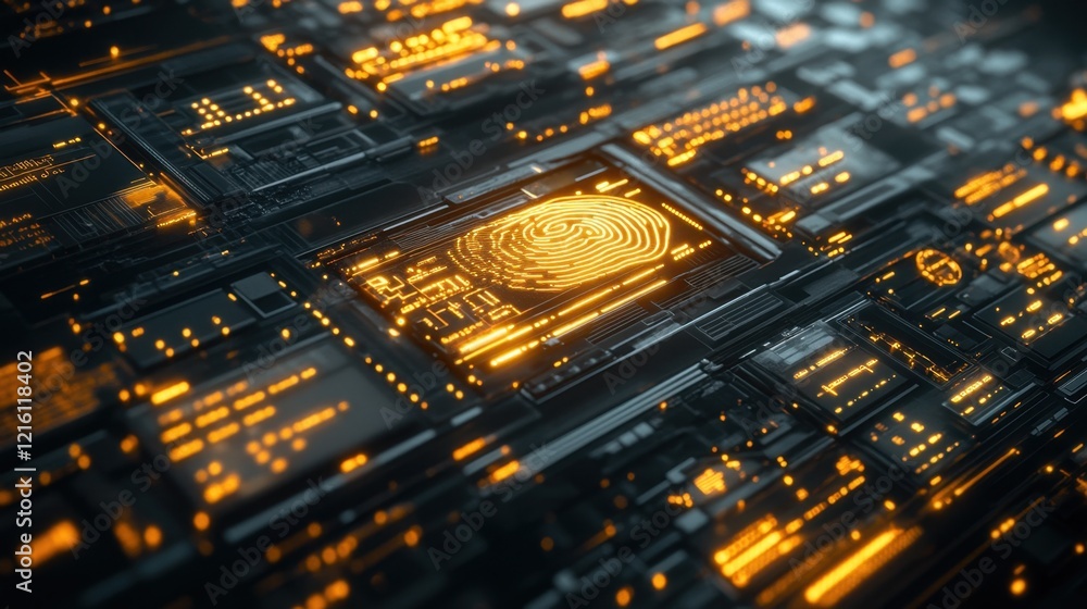 Poster close-up of a glowing digital fingerprint scanner interface on a dark background.