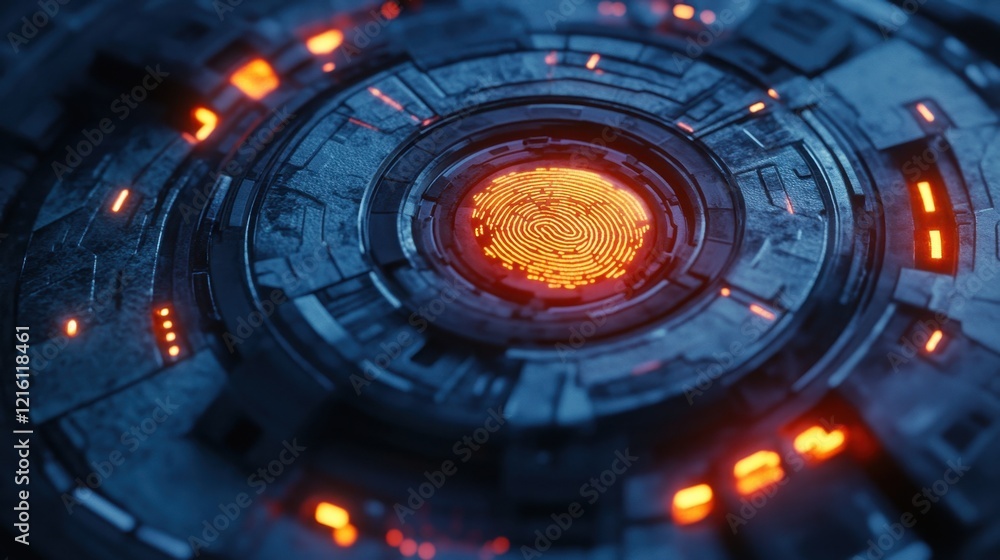 Poster close-up of a glowing fingerprint scanner interface surrounded by futuristic security markers.