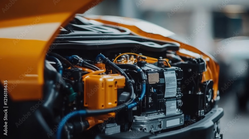 Poster close-up of a hybrid car engine with wires and connectors in sharp focus.