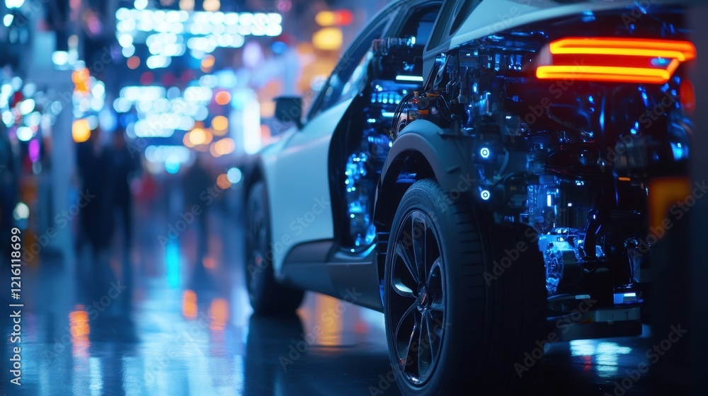 Poster close-up of a hybrid car engine with wires and connectors in sharp focus.