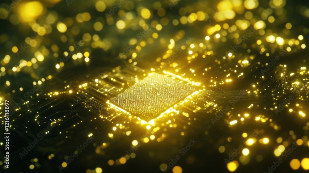 Poster close-up of futuristic ai chip embedded in a glowing high-tech circuit board.