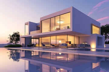 Modern cubic villa with swimming pool at sunset