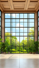 Sunlit room, large window, green garden view, wooden ceiling, interior design