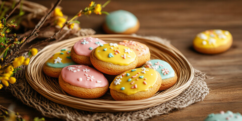 Easter cookies in rattan plate on table