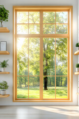 Sunny view from large window, plants on shelves, interior design