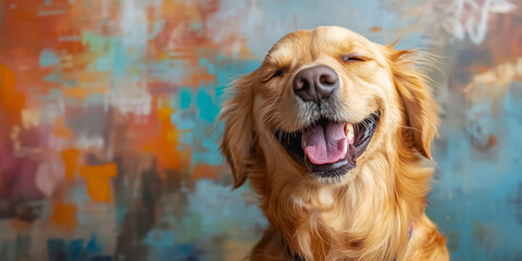 Very happy golden retriever on colorful background 


