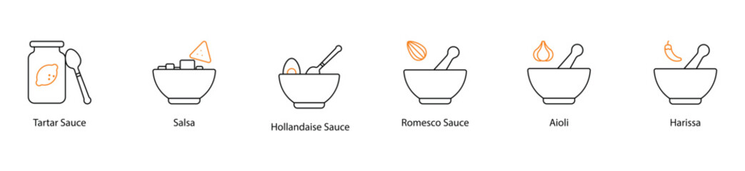 Icon Set: Tartar, Salsa, Hollandaise, Romesco, Aioli, and Harissa Sauces