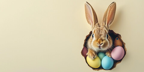Obraz premium Easter bunny peeking out of a hole with colorful eggs on cream background. Copy space
