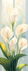 White Calla Lilies near bright window, peaceful background, home decor