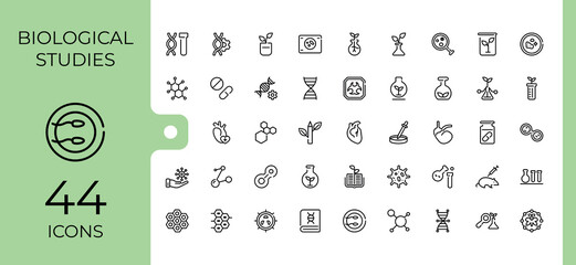 Biological Studies icon pack. Includes thin line laboratory, school, flask, ar, microscope and more. Symbol. Vector icons editable stroke.