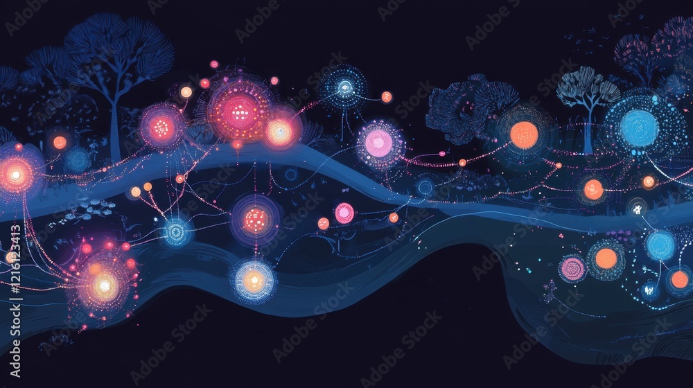 Poster data visualization concept of ai-driven analytics with dynamic graphs and glowing nodes.