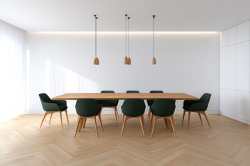 Fototapeta premium Modern Dining: Wooden Table & Green Chairs - A 3D rendering showcasing the interior design of a stylish dining room, complete with a sleek wooden table and vibrant green chairs.