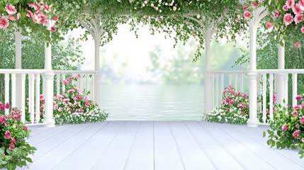 Fototapeta premium Romantic Valentine's Day background with a white gazebo and pink flowers and soft lighting