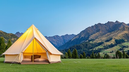 Tent set up in a grassy field with mountains visible in the background under a clear blue sky
