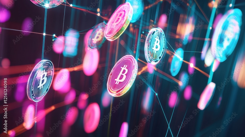 Poster digital currency concept with glowing coins and advanced fintech network integrations.