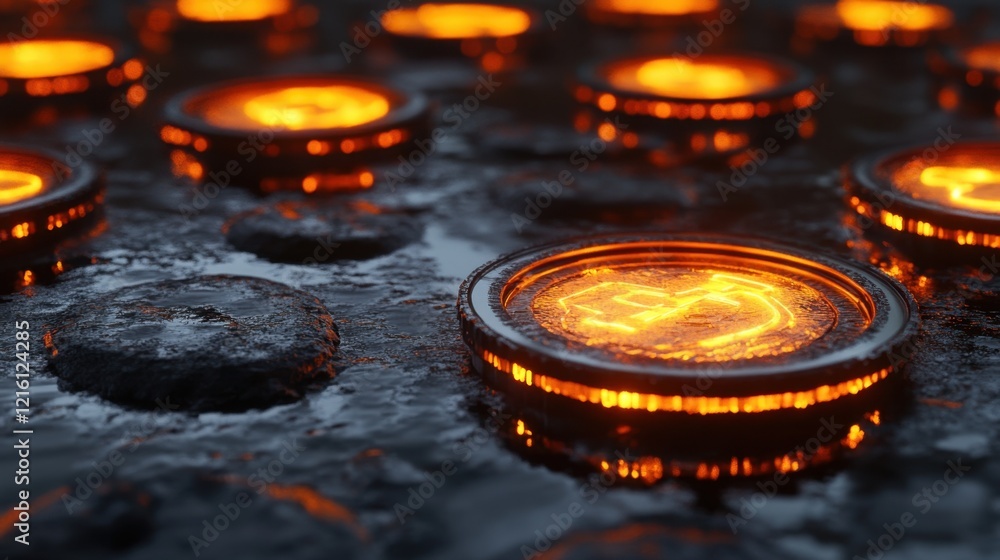 Aufkleber digital currency concept with glowing coins and advanced fintech network integrations.