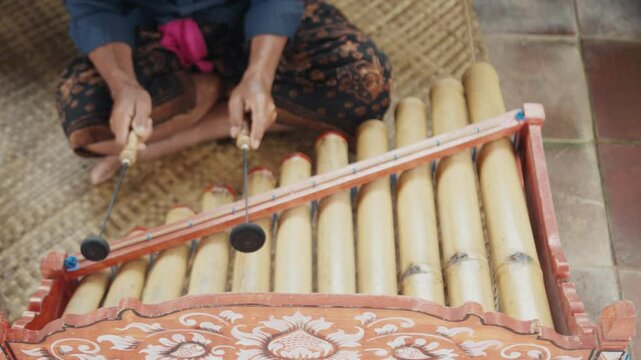 Musician playing traditional balinese bamboo gamelan instrument