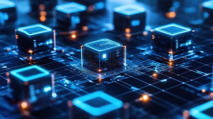 Fototapeta premium Digital representation of blockchain technology featuring glowing cubes connected by bright lines on a dark background.