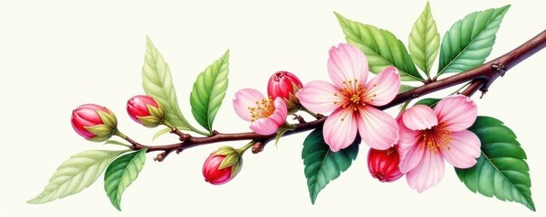 Obraz premium Watercolor cashew nut branch with blossoms and fruit , tropical, detail