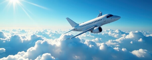 Obraz premium Sleek jet plane cuts through vibrant blue sky above fluffy white clouds , aviation, majestic