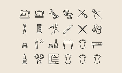 Vector illustration featuring sewing and crafting icons, SEWING Related Hand Drawn Icons Set, Doodle Style Vector Illustration, easily editable.