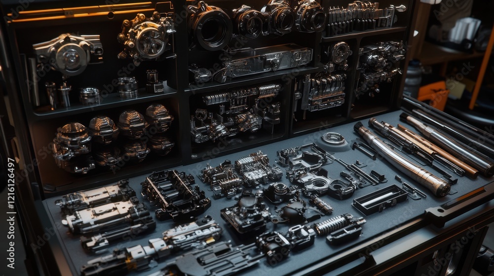 Poster disassembled gear systems and engine components displayed methodically.