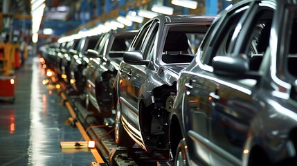 Obraz premium New cars in a row in a busy factory