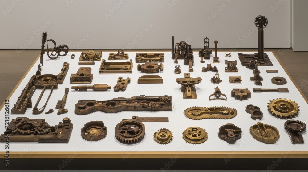 Poster disassembled gear systems and engine components displayed methodically.
