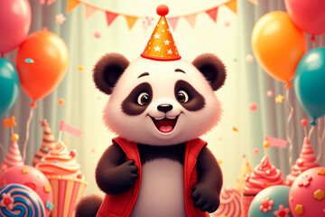 Naklejka premium Cheerful panda. Festive atmosphere 