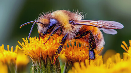 Close-up shot of a bumblebee pollinating vibrant yellow flower. Captivating nature photography showcasing intricate details of bee and flower.