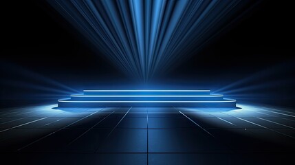 A futuristic illuminated stage with blue lighting effects in a dark environment.