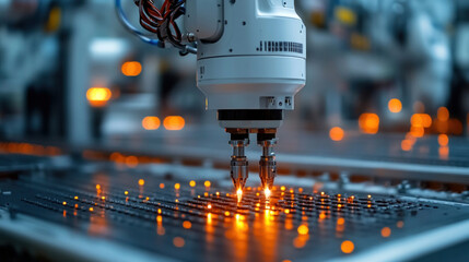 A futuristic robot operating a smart factory machine with pinpoint precision