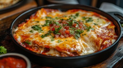 Delicious enchiladas served hot in a cast iron skillet ready to eat