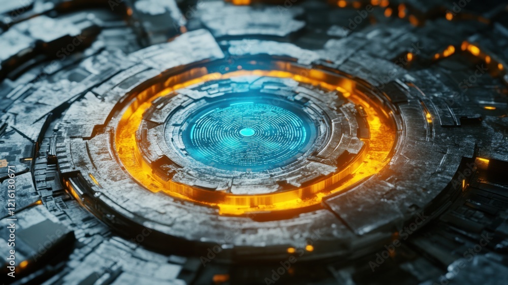 Poster futuristic fingerprint authentication concept with glowing interface and holographic effects.