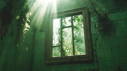Nature-Themed Picture Frame Mockup in Abandoned Green Room with Sunlight Gigapixel Quality